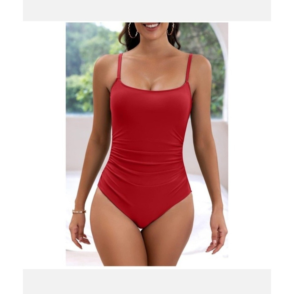 Eomenie One Piece Womens Med Red Ruched Tummy Control Stretch Lined Padded NWT